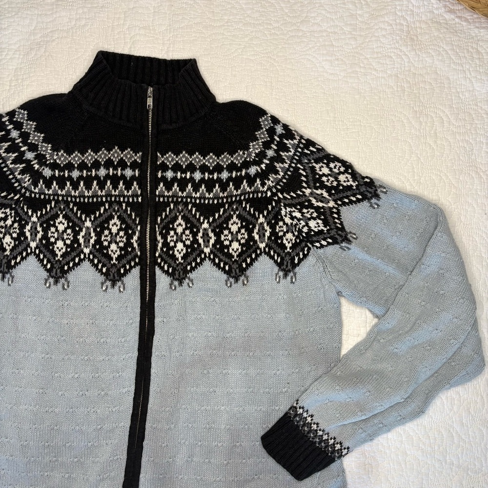 Sag Harbor Nordic Fair Isle Zip Sweater Jacket Black Gray White XL - Picture 3 of 11